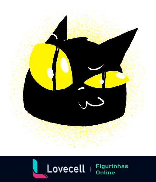 Figurinha de um gato preto com olhos grandes e amarelos brilhantes, destacando-se em um fundo amarelo luminoso criado por pinceladas esboçadas.