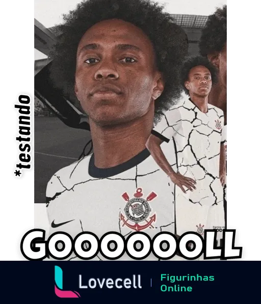 Figurinha de jogador do Corinthians comemorando gol, vestindo uniforme branco, com texto 'Goooooool' em destaque e imagem ao fundo dele observando