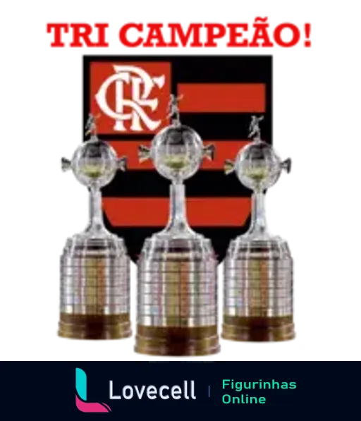 Três troféus da Copa Libertadores representando vitórias do Flamengo, com logotipo tradicional vermelho e preto ao fundo