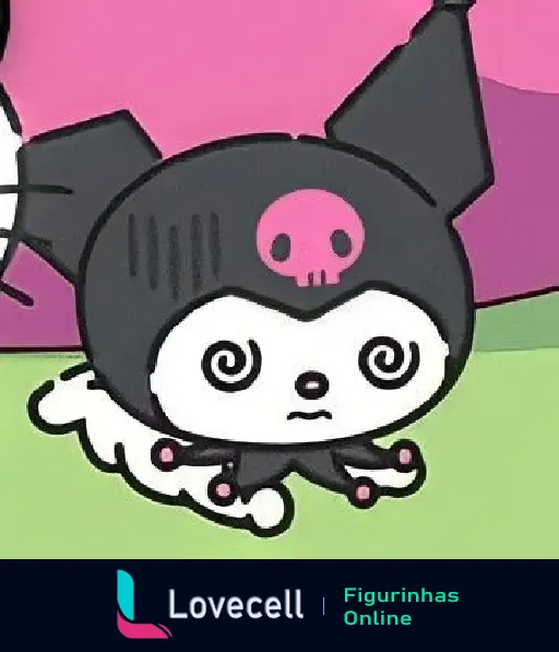 Figurinha de Kuromi da coleção 'Kuromi E Hello Kitty', mostrando Kuromi sentada com um crânio rosa em sua cabeça e fundo colorido.