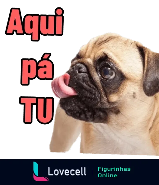 Figurinha de cachorro pug fofinho passando a língua pelo focinho com texto 'Aqui pá tu' em letras grandes vermelhas