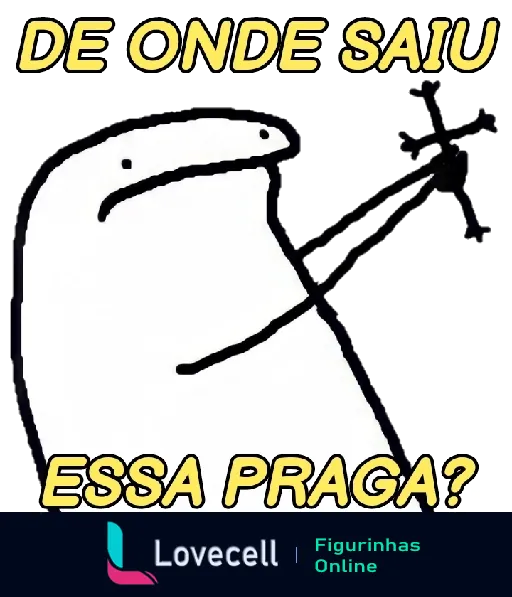 Figurinha do Flork com homem palito confuso, segurando uma metralhadora, com texto 'DE ONDE SAIU ESSA PRAGA?' em letras maiúsculas.