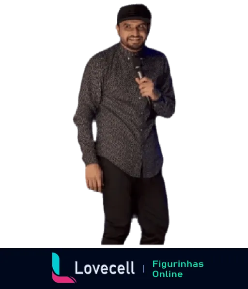 Thiago Ventura segurando um microfone e sorrindo, vestindo camisa de botão escura e boina preta em show de stand-up