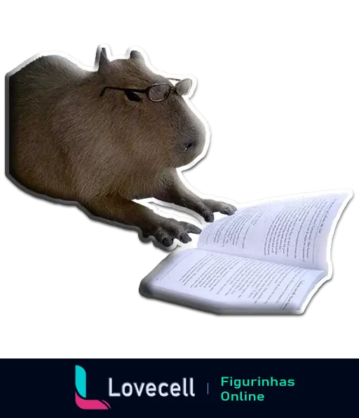 Capivara com óculos lendo um livro, representando um momento de estudo ou leitura aprofundada. Perfeito para simbolizar interesse intelectual.