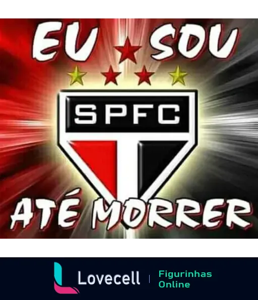 Figurinha do São Paulo Futebol Clube com escudo centralizado, três estrelas acima, fundo irradiando de vermelho e preto para branco, acompanhada do texto 'Eu sou SPFC até morrer'