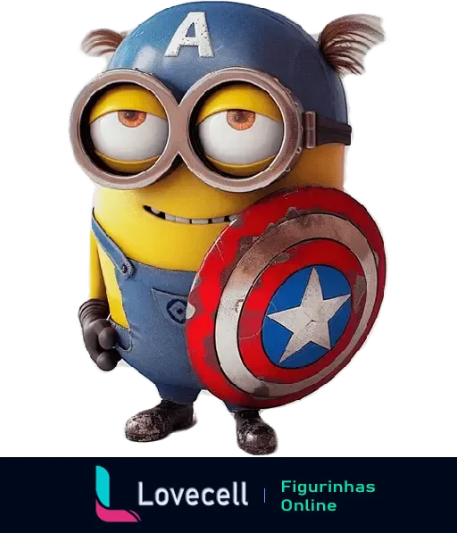 Minion vestido como Capitão América, com capacete azul e escudo vermelho, azul e branco com estrela branca. MINIONS - Heróis e Vilões.