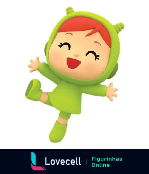 Ilustração de uma personagem do Pocoyo com cabelo vermelho, feliz e de roupa verde, dançando contente com os braços abertos.