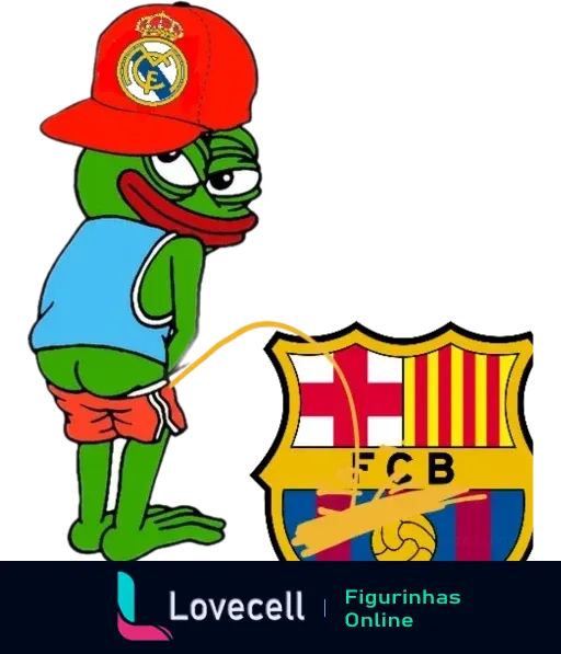 Figura de um sapo com boné do Real Madrid urinando no escudo do FC Barcelona, simbolizando uma provocação.