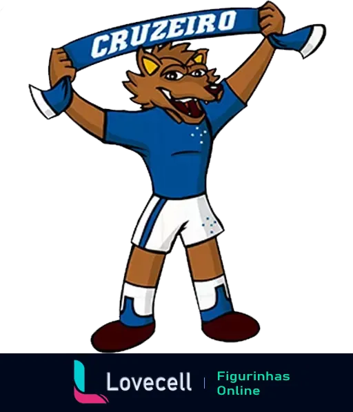 Figurinha do Raposão, mascote do Cruzeiro, vestindo uniforme azul e branco e segurando um cachecol com a palavra 'CRUZEIRO'