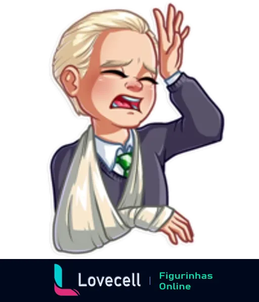 Figurinha de Draco Malfoy em estilo de desenho animado com expressão de choro e frustração, levantando uma mão como se estivesse reclamando