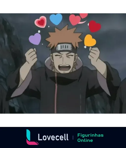 Personagem de Naruto fazendo gesto de felicidade com emojis de corações ao redor, conceito de amor e carinho.