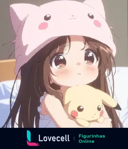 Garota de anime kawaii com olhos grandes e brilhantes, usando um gorro de gato rosa e abraçando um Pikachu de pelúcia. Cena fofa e adorável.