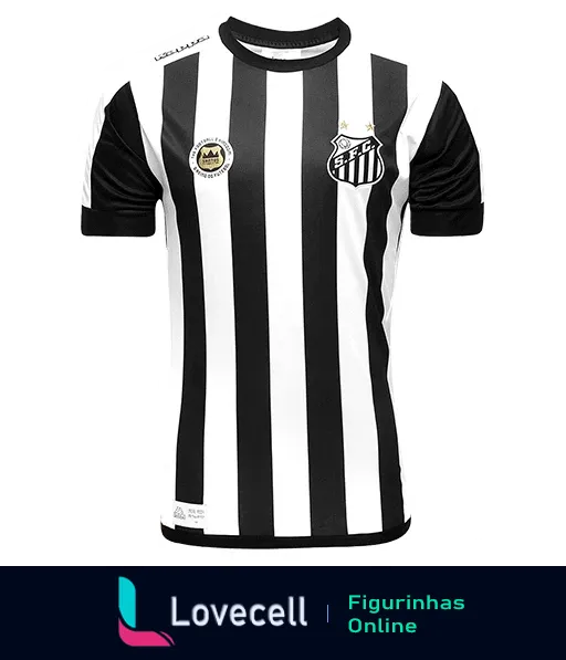 Camisa listrada preto e branco do Santos Futebol Clube com escudo no lado esquerdo do peito e logo da Umbro no lado direito