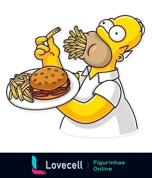 Homer Simpson do desenho Os Simpsons comendo animadamente um hambúrguer e batatas fritas