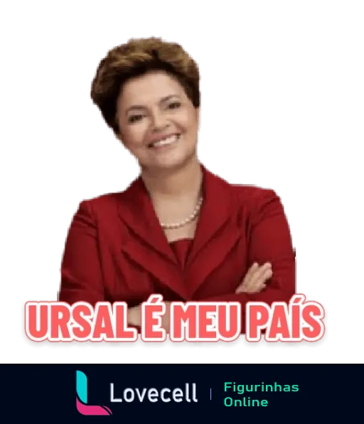 Mulher sorridente com blazer vermelho, dizendo 'Ursal é meu país' com expressão alegre e postura confiante, representando satiricamente a união fictícia de países latino-americanos