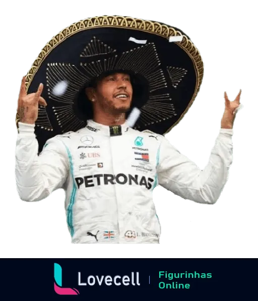 Lewis Hamilton comemorando com um sorriso e braços erguidos, usando sombrero mexicano e uniforme de corrida da Mercedes com patrocínios da Petronas