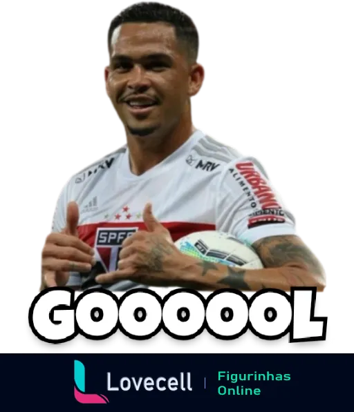 Figurinha de jogador do São Paulo comemorando gol, segurando a bola e fazendo gesto de positivo com o texto 'Goooool' destacado