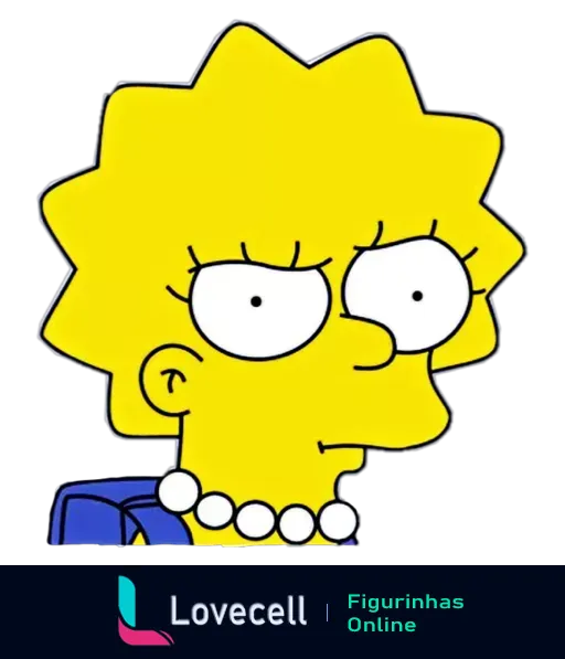 Lisa Simpson pensativa, olhando para o lado, com cabeça amarela, vestido azul e colar de pérolas, em fundo transparente