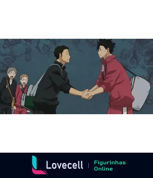 Imagem de Haikyuu mostrando dois personagens trocando um aperto de mãos confiante, enquanto outros dois observam ao fundo.