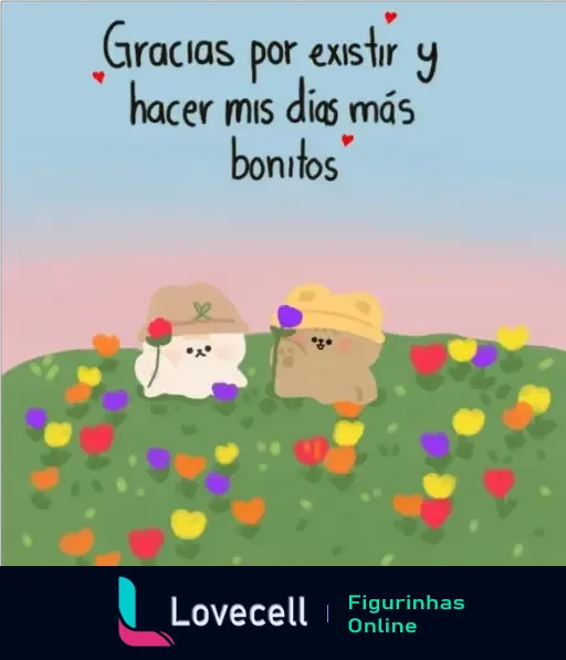 Dois bichinhos fofos em um campo de flores com o texto 'Gracias por existir y hacer mis días más bonitos'. Mensagem de gratidão em espanhol.