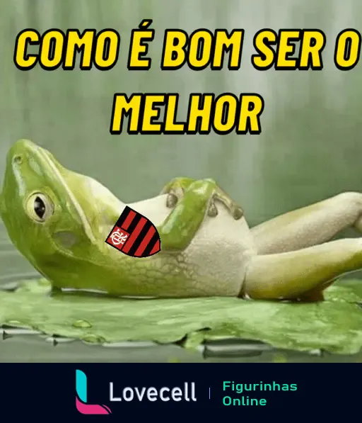 Sapo deitado em uma folha com um pequeno lenço do Flamengo no pescoço e frase 'COMO É BOM SER O MELHOR' em letras amarelas no topo da imagem.