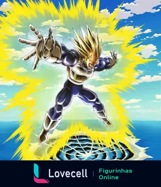 Super Vegeta em pose de explosão de energia, com aura amarela intensa e fundo de céu azul. Poder máximo do Super Vegeta.