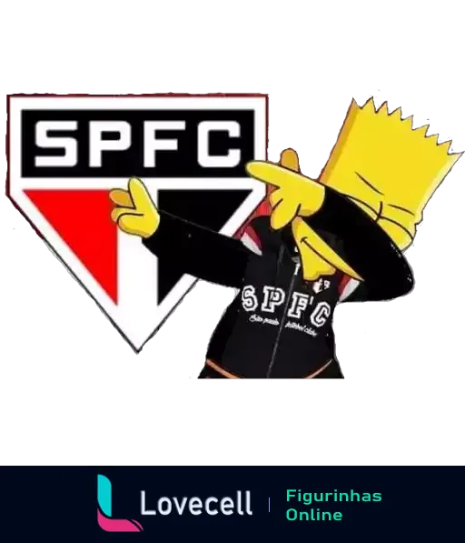 Bart Simpson vestido com traje social preto e gravata, fazendo gesto de apoio ao São Paulo FC com logotipo do clube ao fundo