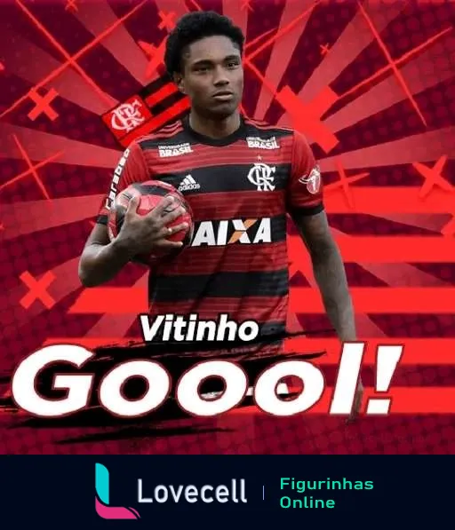 Figurinha do Vitinho comemorando gol, jogador do Flamengo com uniforme listrado vermelho e preto, nome 'Vitinho' e texto 'Gooool!' destacados, fundo com linhas geométricas vermelhas e pretas