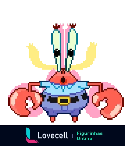 Figurinha do Sr. Siriguejo do Bob Esponja em estilo pixel art, com roupa azul e amarela e garras vermelhas