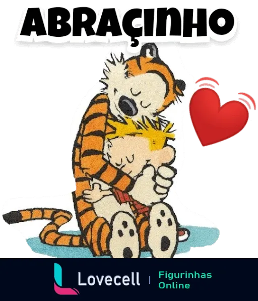 Figurinha do Calvin, menino loiro sorridente, recebendo um abraço de seu amigo tigre Hobbes, ambos sentados com Hobbes envolvendo Calvin com braços e pernas, e um coração vermelho simbolizando amor