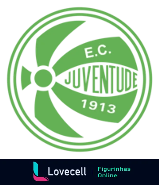 Figurinha do escudo do Esporte Clube Juventude, mostrando um ventilador verde e o ano de fundação 1913 em destaque, com cores predominantes verde e branco