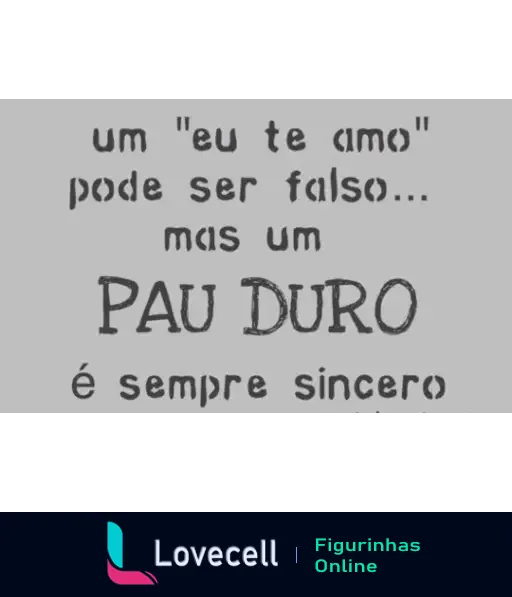 Figurinha com texto: 'um "eu te amo" pode ser falso... mas um PAU DURO é sempre sincero'. Tema de amor e sinceridade.