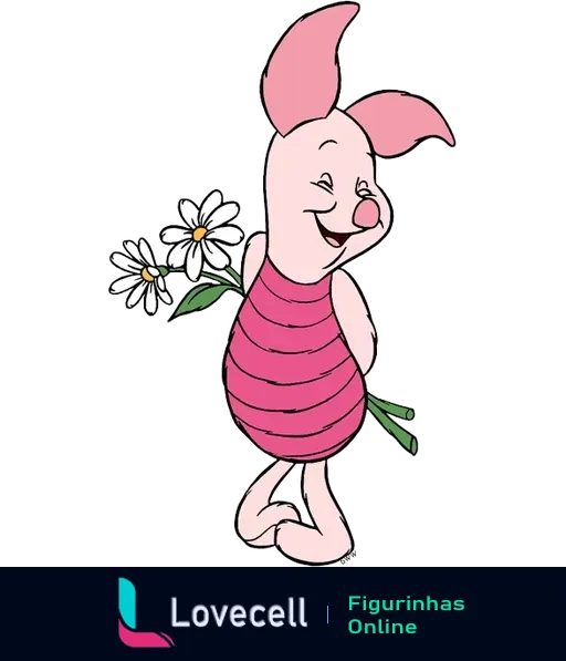 Piglet, personagem do Ursinho Pooh, segurando flores com um sorriso tímido, vestindo sua roupa rosa listrada.