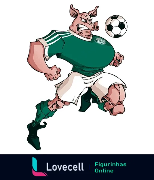 Mascote do Palmeiras, um porco com uniforme verde e branco, dominando bola de futebol com expressão determinada