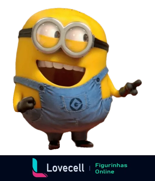 Minion feliz com os braços abertos, sorrindo, usando jardineira jeans e óculos, transmitindo alegria e entusiasmo