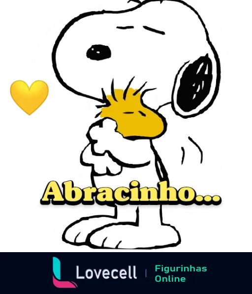 Figurinha do Snoopy abraçando com os olhos fechados e sorrindo, ao lado de um coração amarelo e a palavra 'Abraçinho' em destaque