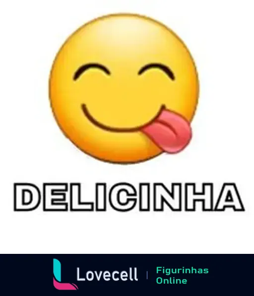 Emoji Delicinha com sorriso feliz, mostrando língua, com o texto 'DELICINHA' em letras grandes abaixo.