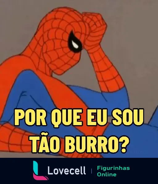 Homem-Aranha sentado com a mão na cabeça, parecendo desanimado e refletindo, com o texto 'Por que eu sou tão burro?'