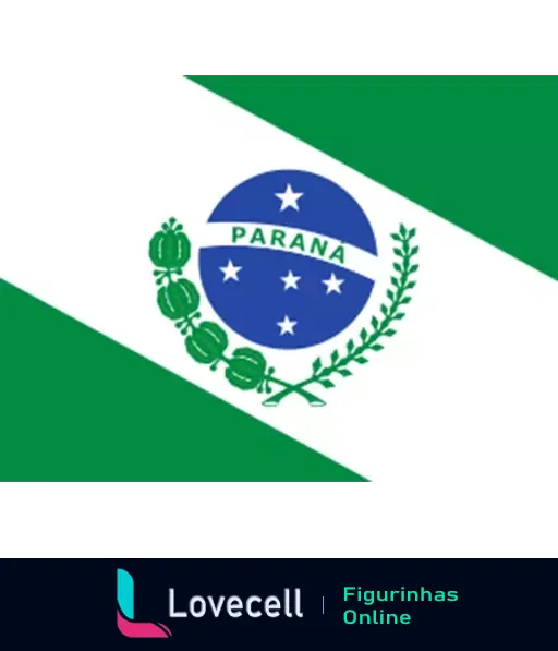 Figurinha da bandeira do Paraná com campo verde e branco, losango azul central com esfera celeste estrelada e a palavra 'PARANÁ' entre ramos de café e erva-mate