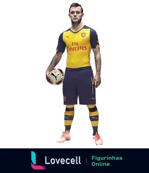 Jogador do Arsenal em uniforme amarelo e azul segurando uma bola de futebol, com meias amarelas e detalhes azuis, pronto para jogar