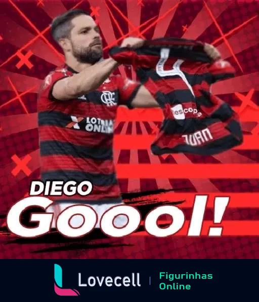 Jogador de futebol comemorando gol segurando camisa do Flamengo com fundo vermelho e preto e texto 'Diego Gool!'