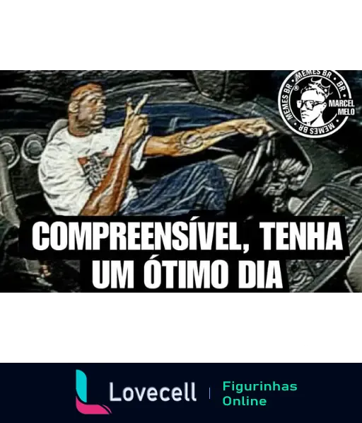 Meme automobilístico com a frase: 'Compreensível, tenha um ótimo dia' em letras grandes. Imagem de um homem em um carro com pose descontraída.