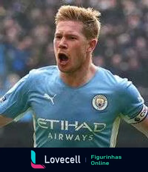 Jogador do Manchester City celebrando com uniforme azul e logo da Etihad Airways