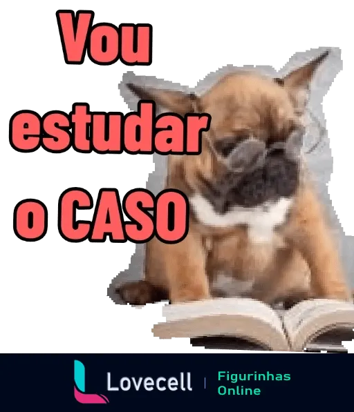 Figurinha de um filhote de cachorro concentrado lendo um livro com a frase 'Vou estudar o CASO' na parte superior