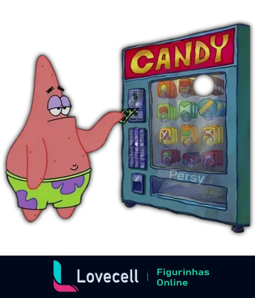 A imagem mostra Patrick, personagem do Bob Esponja, de frente para uma máquina de doces com a placa 'Candy'. Ele insere uma moeda para pegar um doce.