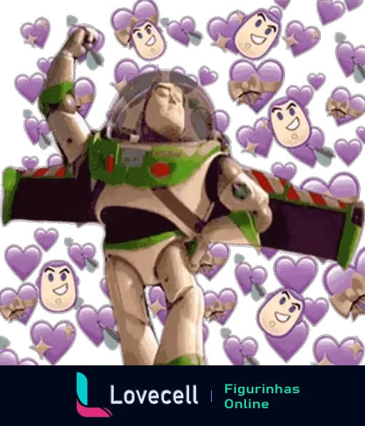 Buzz Lightyear voando rodeado por corações roxos, expressando felicidade e amor, de Toy Story