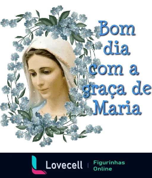 Figurinha de WhatsApp com a imagem de Maria cercada por flores azuis e a mensagem 'Bom dia com a graça de Maria'.