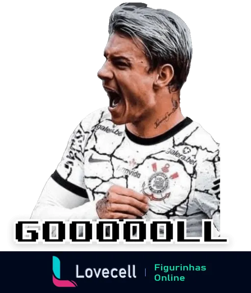 Jogador do Corinthians com cabelos grisalhos e tatuagens comemorando gol intensamente, gritando com a palavra 'GOOOOOLL' destacada em branco