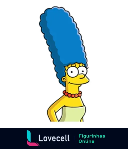 Figurinha de Marge Simpson dos Simpsons, com cabelo azul alto e colar de contas vermelhas, usando roupa verde sem mangas