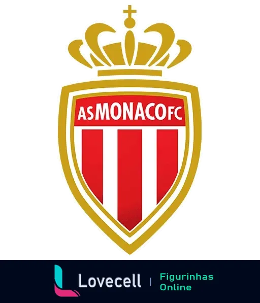 Escudo do AS Monaco FC com coroa dourada, listras vermelhas e brancas em diagonal e nome 'ASMONACOFC' no topo sobre fundo branco